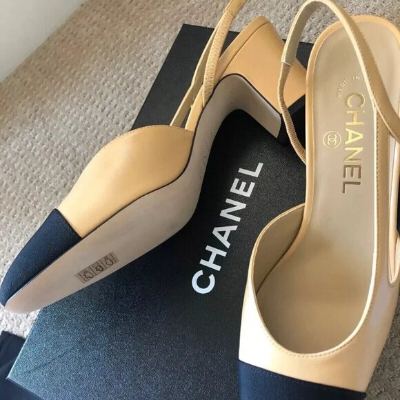 Chanel Beige/Black Goatskin Cap Toe Slingback Pumps - Picture 6 of 7